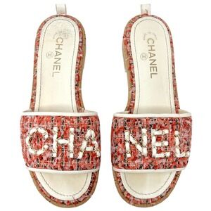 Chanel Tweed Slide Sandals Cork Sole CC Logo Flats 38.5